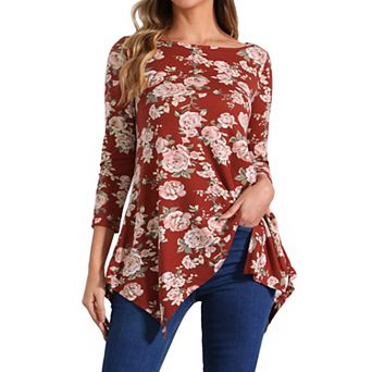 Women's Scoop Neck 3/4 Sleeve Asymmetrical Hem Floral Tunic Blouse Tops With Pockets