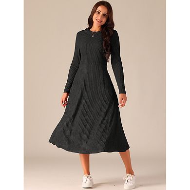 Women's SpringFall Long Sleeve Round Neck Casual Knit A-Line Midi Dress