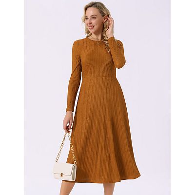 casual knit midi dress Women's SpringFall Long Sleeve Round Neck Casual Knit A-Line Midi Dress
