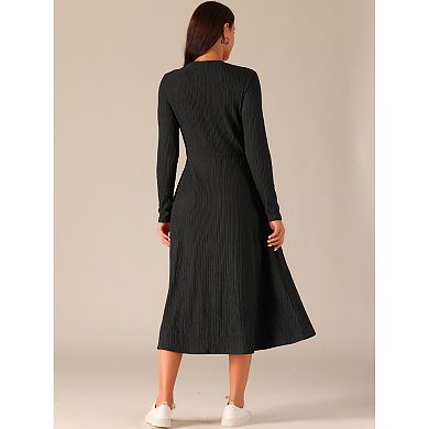 Women's SpringFall Long Sleeve Round Neck Casual Knit A-Line Midi Dress