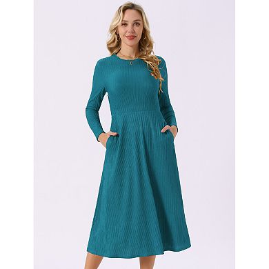 Women's SpringFall Long Sleeve Round Neck Casual Knit A-Line Midi Dress