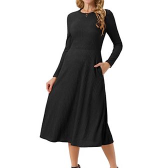 Women's SpringFall Long Sleeve Round Neck Casual Knit A-Line Midi Dress