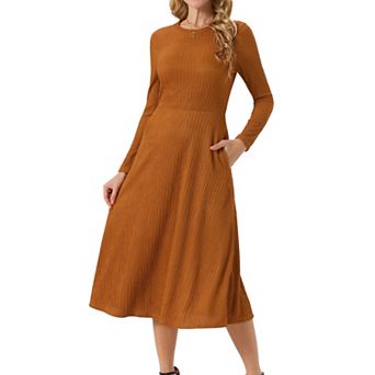 Women's Springfall Long Sleeve Round Neck Casual Knit A-line Midi Dress
