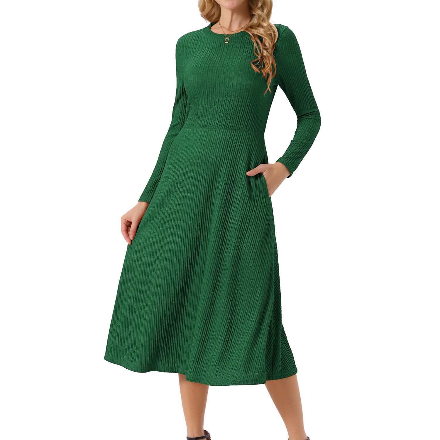 Женские платья SpringFall Long Sleeve Round Neck Casual Knit A-Line Midi Dress