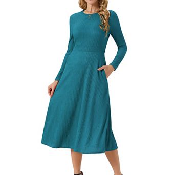 Women's Springfall Long Sleeve Round Neck Casual Knit A-line Midi Dress