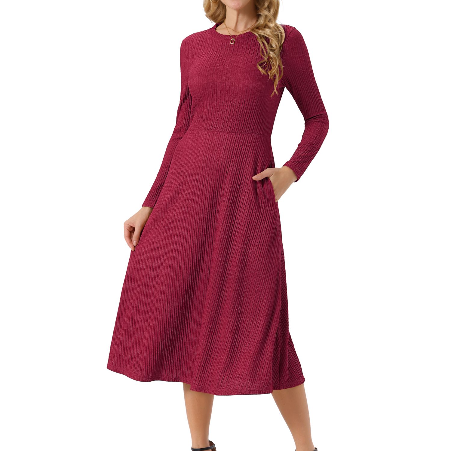 Inspire Chic Women's Fall Long Sleeve Round Neck Casual Knit A-Line Midi Dress Small Wine Red Women's Springfall Long Sleeve Round Neck Casual Knit A-line Midi Dress