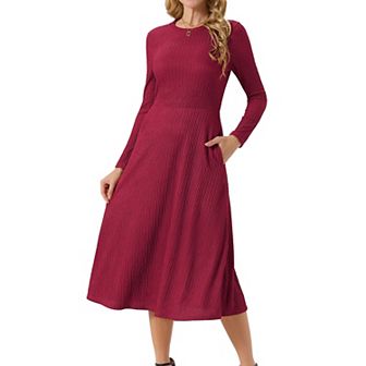 Women's SpringFall Long Sleeve Round Neck Casual Knit A-Line Midi Dress