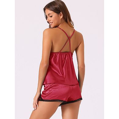 Womens Satin Pajama Set For Women Set Camisole Top And Shorts With Lace Sleepwear