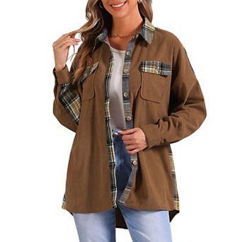 Womens Shacket Jacket Plaid Patchwork Blouses Tops Long Sleeve Button Down Shirts