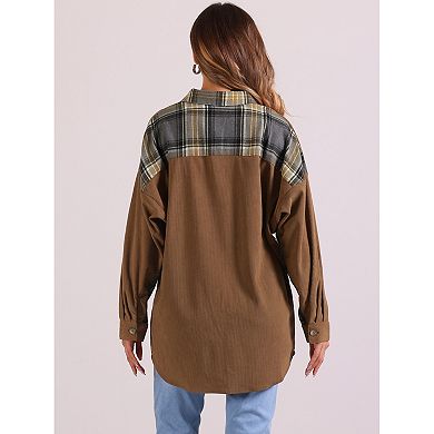 Womens Shacket Jacket Plaid Patchwork Blouses Tops Long Sleeve Button Down Shirts
