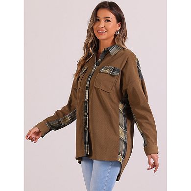 Womens Shacket Jacket Plaid Patchwork Blouses Tops Long Sleeve Button Down Shirts