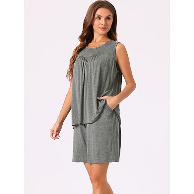 Womens Cotton Pajama 2 Piece Set Loose High Stretch Tank Top Shorts Sleepwear Plus Size