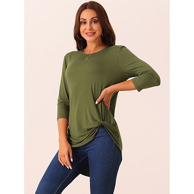 Women's Casual High Low Tops 3/4 Sleeve Waist Knot Asymmetrical Crewneck Flowy Blouse