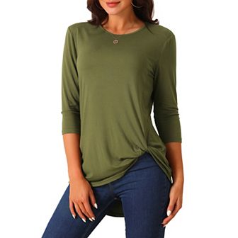 Women's Casual High Low Tops 3/4 Sleeve Waist Knot Asymmetrical Crewneck Flowy Blouse