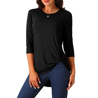 Women's Casual High Low Tops 3/4 Sleeve Waist Knot Asymmetrical Crewneck Flowy Blouse
