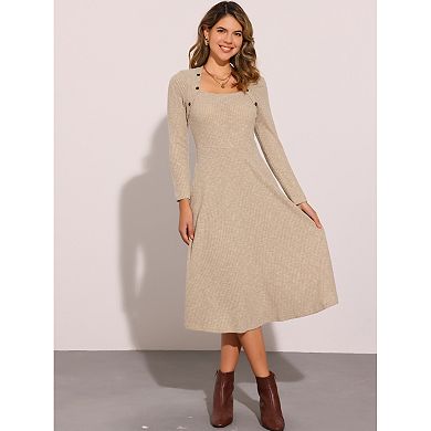 Knitted Sweater Dress For Women's Casual Square Neck A-line Dresses With Pockets