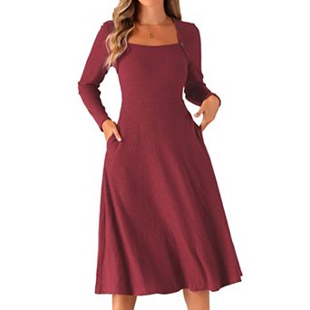 Knitted Sweater Dress For Women's Casual Square Neck A-line Dresses With Pockets