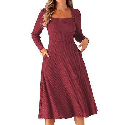 knee length dresses for ladies Womens Pure Cashmere Cable Knit A-Line Long Sleeve Crew Neck Dress