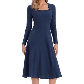 Knitted Sweater Dress for Women's Casual Square Neck A-Line Dresses with Pockets