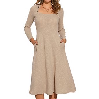 Knitted Sweater Dress For Women's Casual Square Neck A-line Dresses With Pockets