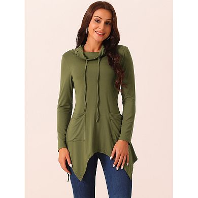 Women's Long Sleeve Cowl Neck Asymmetrical Hem Tunic Tops With Pockets