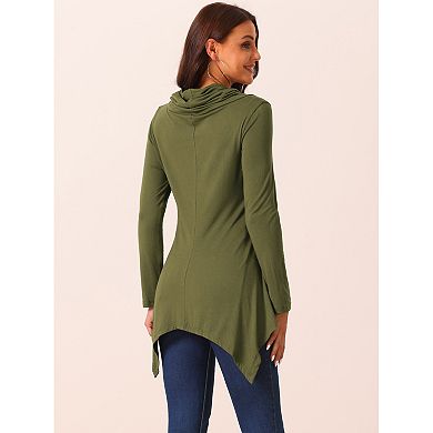 Women's Long Sleeve Cowl Neck Asymmetrical Hem Tunic Tops With Pockets