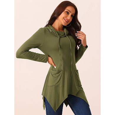 Women's Long Sleeve Cowl Neck Asymmetrical Hem Tunic Tops With Pockets