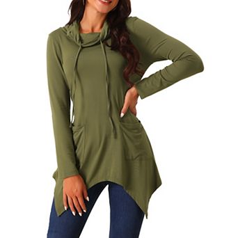 Women's Long Sleeve Cowl Neck Asymmetrical Hem Tunic Tops With Pockets