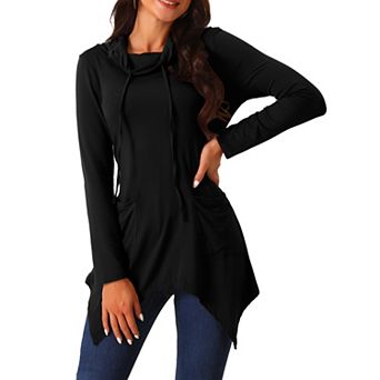 Women's Long Sleeve Cowl Neck Asymmetrical Hem Tunic Tops With Pockets