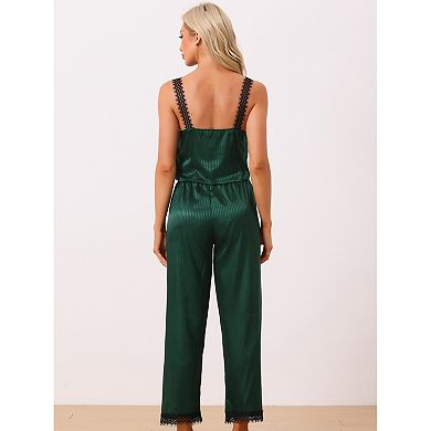 Womens Satin Pajama Set Lace Trim 2 Piece Pjs Cami Sleepwear With Long Pants Loungewear