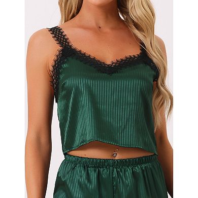 Womens Satin Pajama Set Lace Trim 2 Piece Pjs Cami Sleepwear With Long Pants Loungewear