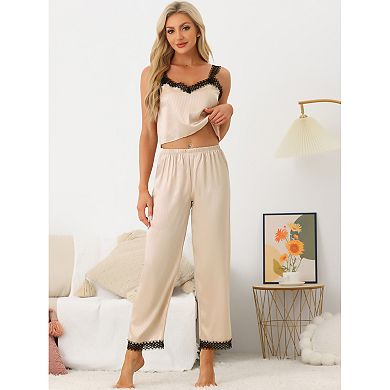 Womens Satin Pajama Set Lace Trim 2 Piece Pjs Cami Sleepwear With Long Pants Loungewear