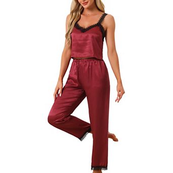 Womens Satin Pajama Set Lace Trim 2 pc Pjs Cami Sleepwear With Long Pants Loungewear