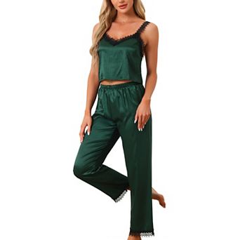 Womens Satin Pajama Set Lace Trim 2 pc Pjs Cami Sleepwear With Long Pants Loungewear