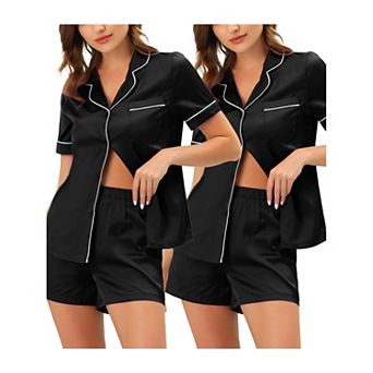 Women's Pajama Short Sleeves Button Down Tops Shorts Satin Sets