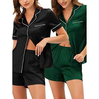 Women's Pajama Short Sleeves Button Down Tops Shorts Satin Sets