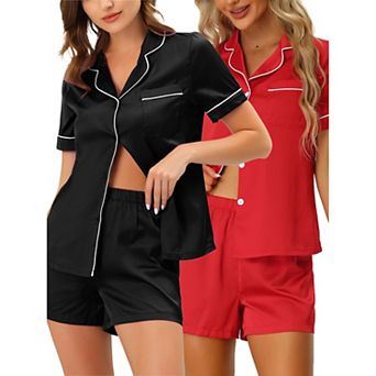 Women's Pajama Short Sleeves Button Down Tops Shorts Satin Sets