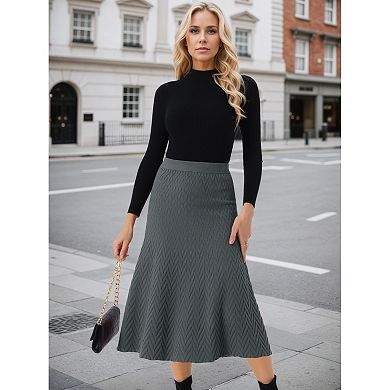 Women's Ribbed Knit A-Line Skirts Elastic High Waist Stretchy Sweater Midi Skirt