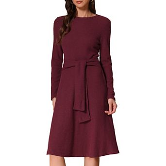Women's Long Sleeve Knitted Dress Ribbed Crew Neck Tie Waist Bodycon Slim Fit Midi Sweater Dresses
