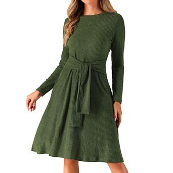 Women's Long Sleeve Knitted Dress Ribbed Crew Neck Tie Waist Bodycon Slim Fit Midi Sweater Dresses