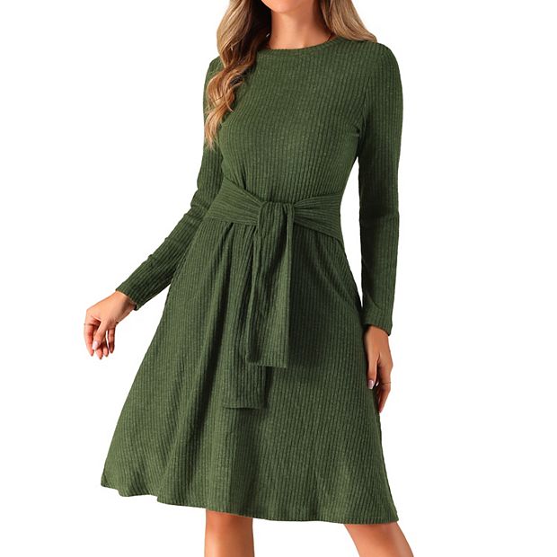Women's Long Sleeve Knitted Dress Ribbed Crew Neck Tie Waist Bodycon Slim  Fit Midi Sweater Dresses