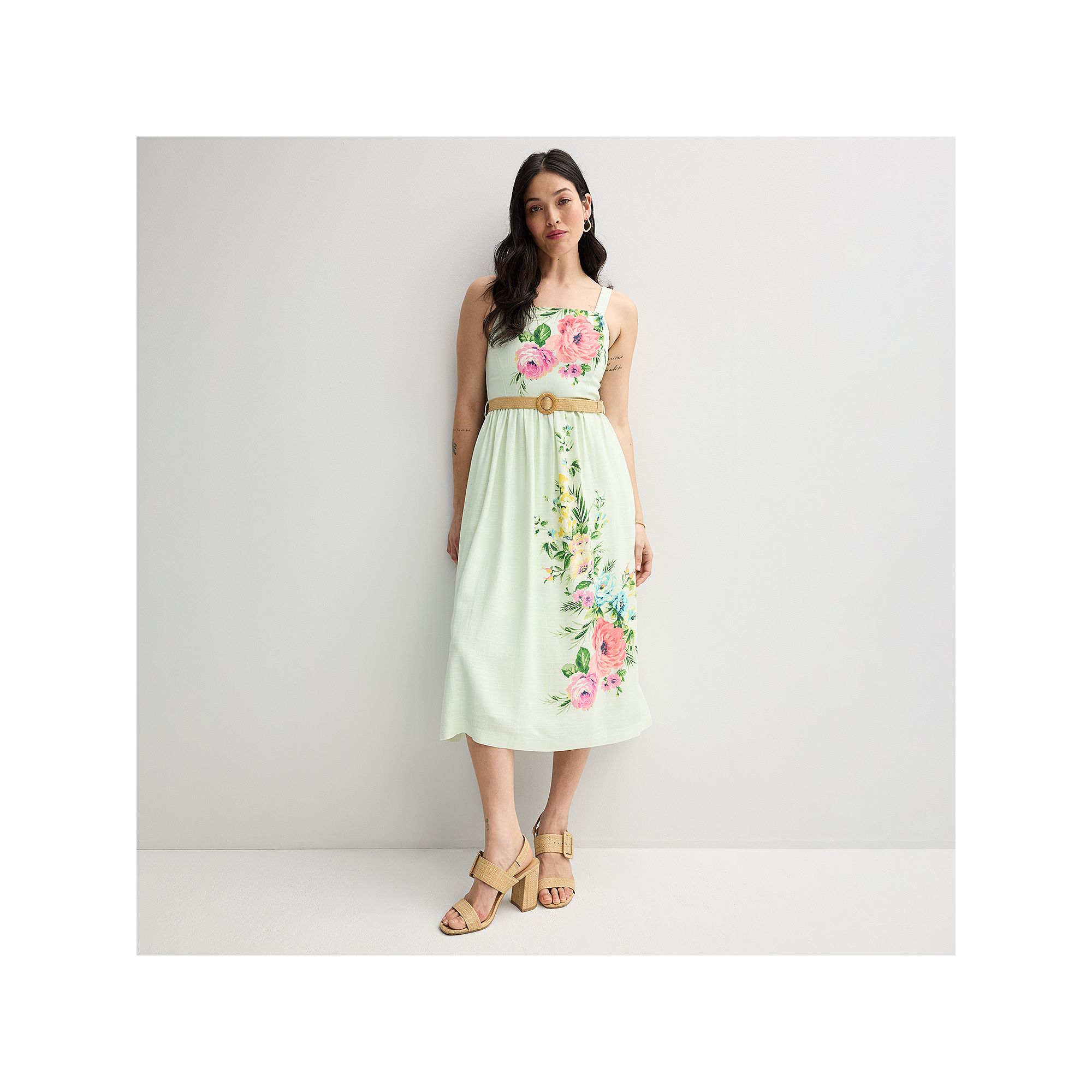 Womens Maison Tara Rafia Belt Floral Sundress, Size: 8, Green Floral