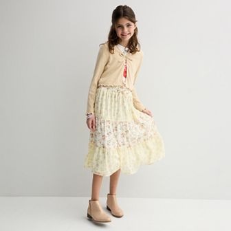 Girls 7-16 Trixxi 3 pc Cardigan, Strawberry Graphic Tee & Printed Skirt Set with Stretch Bracelets