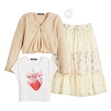 Girls 7-16 Trixxi 3-pc. Cardigan, Strawberry Graphic Tee & Printed Skirt Set with Stretch Bracelets