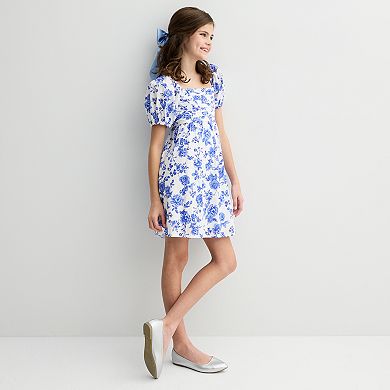 Girls' 7-16 Trixxi Pleated Puff Sleeve Dress with Hair Bow