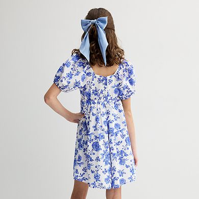 Girls' 7-16 Trixxi Pleated Puff Sleeve Dress with Hair Bow