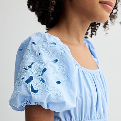 Girls 7-16 Trixxi Laser Cut Roses Puff Sleeve Midi Dress with Matching Bow