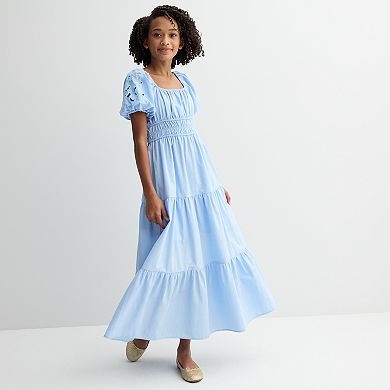 Girls 7-16 Trixxi Laser Cut Roses Puff Sleeve Midi Dress with Matching Bow