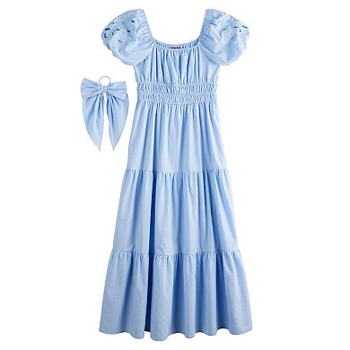 Girls 7-16 Trixxi Laser Cut Roses Puff Sleeve Midi Dress with Matching Bow