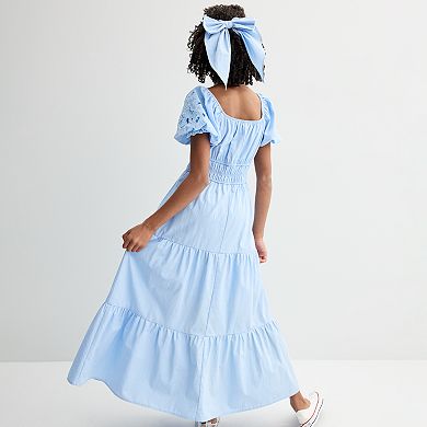 Girls 7-16 Trixxi Laser Cut Roses Puff Sleeve Midi Dress with Matching Bow
